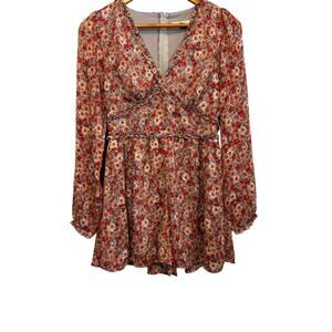 Miami Francesca's Floral Long Sleeve Boho Romper Blousy Plunge Neckline Small